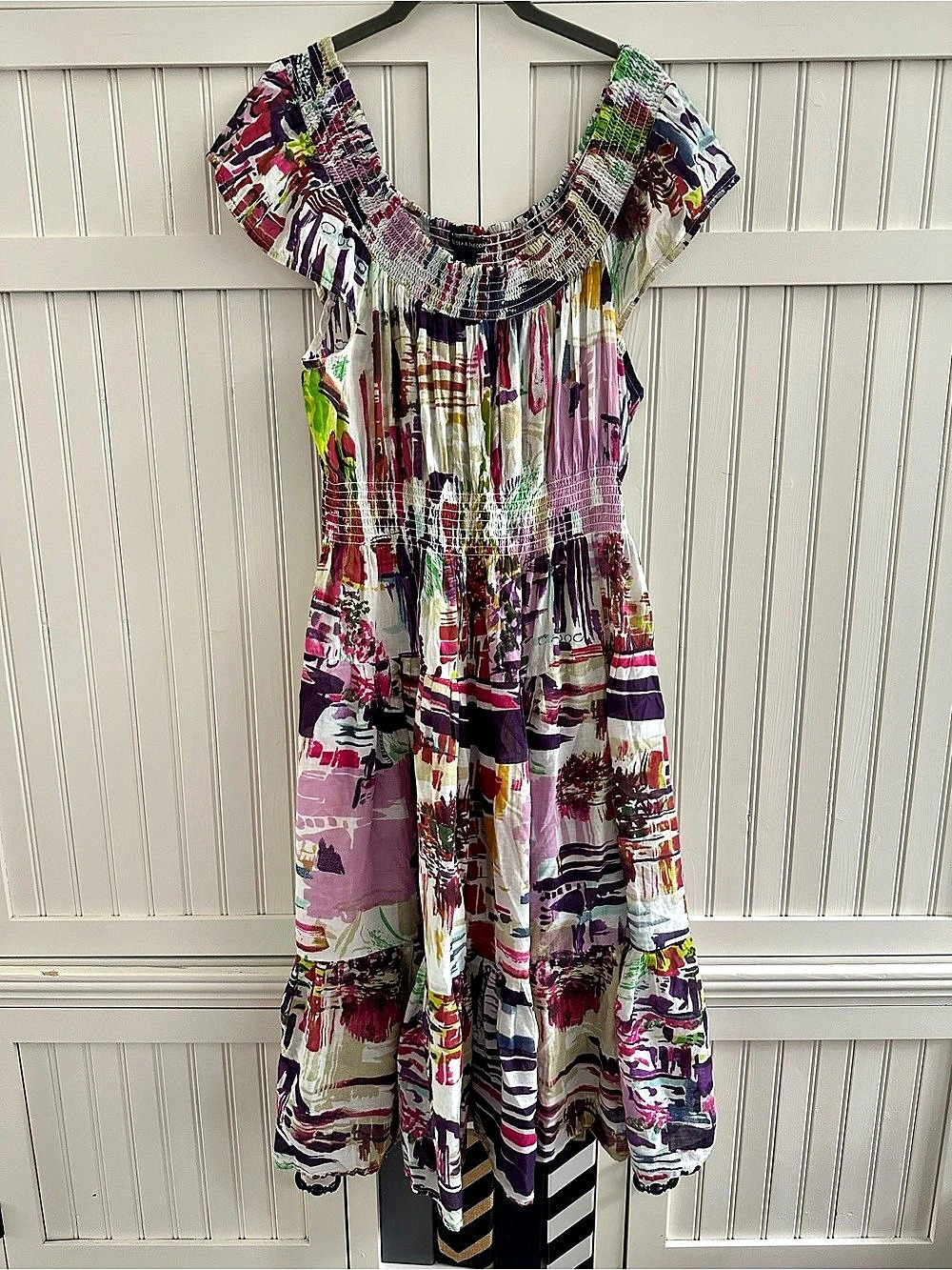 Chelsea & Theodore Abstract Cotton Midi Dress in Purple & White Size Large